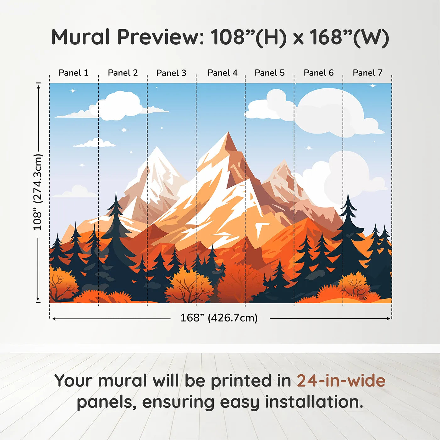 Whimsy Tots Autumn Mountain Peak Wall Muraldimension view (108" H x 168" W). Printed in seven 24-inch-wide panels. Gender-Neutral