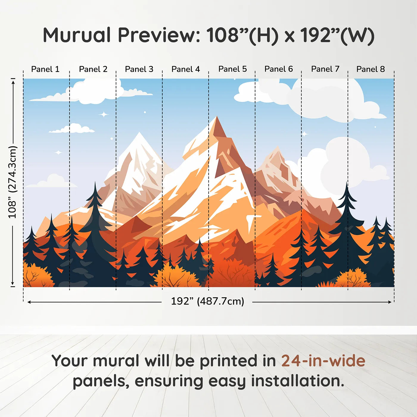 Whimsy Tots Autumn Mountain Peak Wall Muraldimension view (108" H x 192" W). Printed in eight 24-inch-wide panels. Gender-Neutral