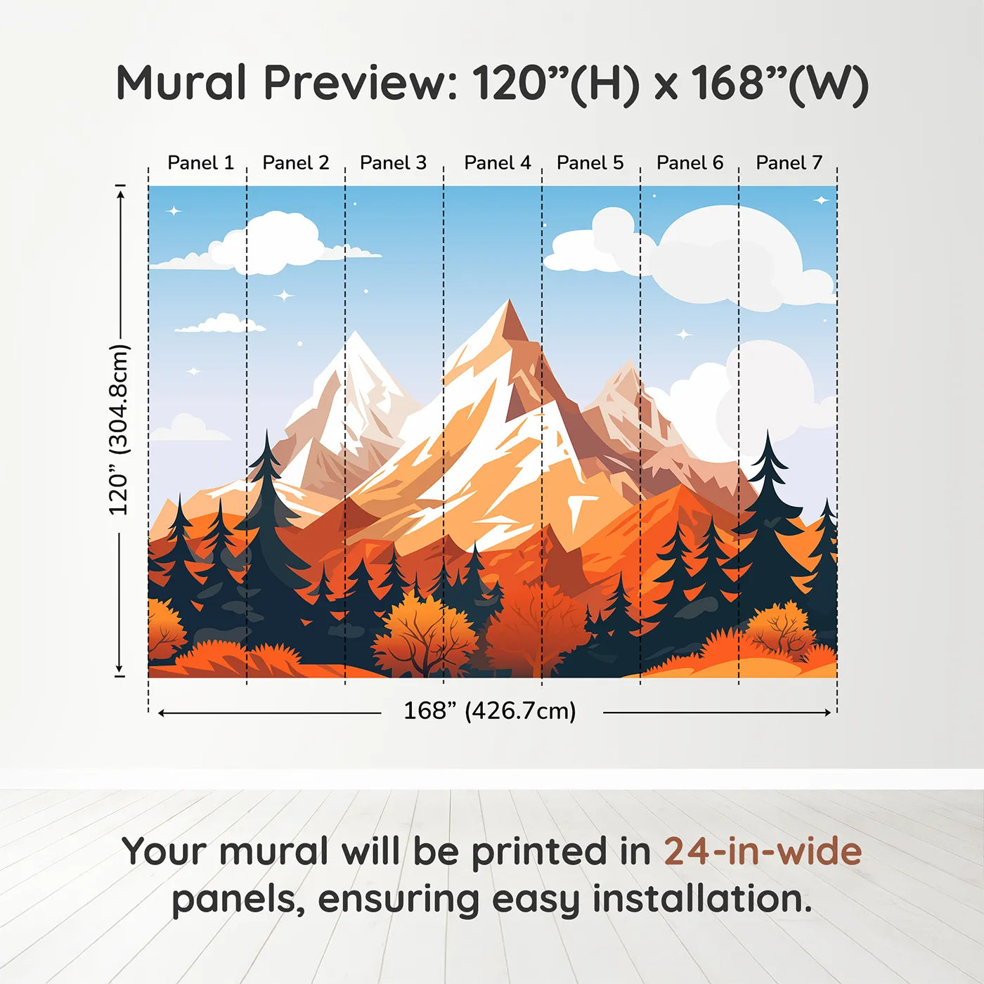 Whimsy Tots Autumn Mountain Peak Wall Muraldimension view (120" H x 168" W). Printed in seven 24-inch-wide panels. Gender-Neutral