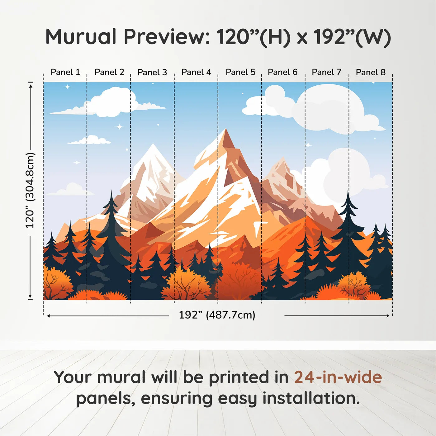 Whimsy Tots Autumn Mountain Peak Wall Muraldimension view (120" H x 192" W). Printed in eight 24-inch-wide panels. Gender-Neutral