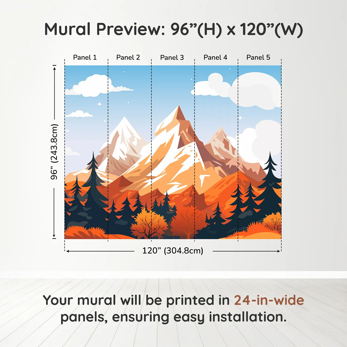 Whimsy Tots Autumn Mountain Peak Wall Muraldimension view (96" H x 120" W). Printed in five 24-inch-wide panels. Gender-Neutral