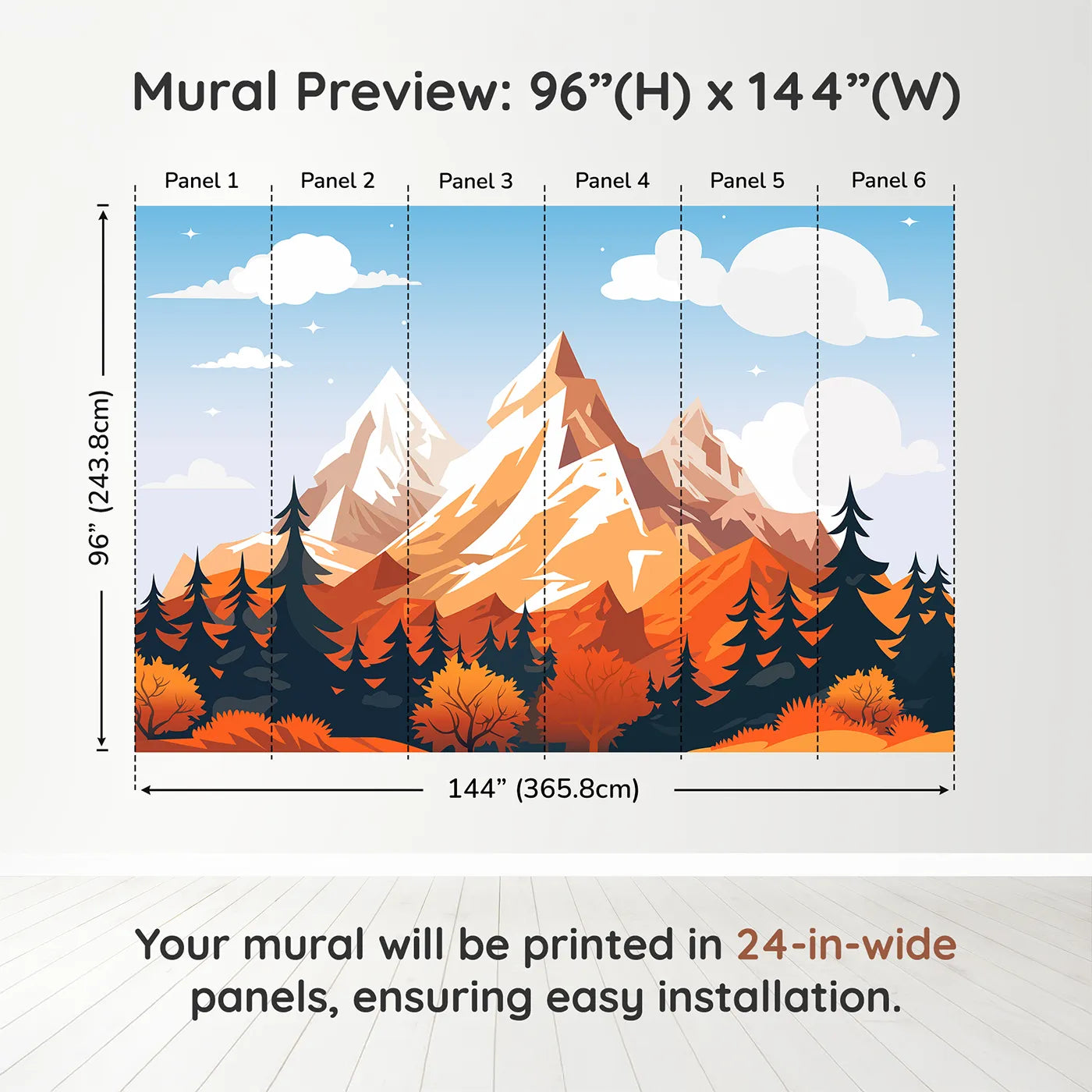 Whimsy Tots Autumn Mountain Peak Wall Muraldimension view (96" H x 144" W). Printed in six 24-inch-wide panels. Gender-Neutral