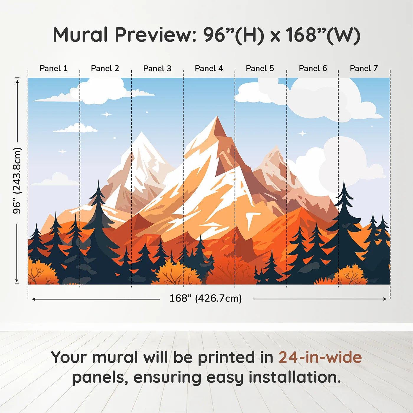 Whimsy Tots Autumn Mountain Peak Wall Muraldimension view (96" H x 168" W). Printed in seven 24-inch-wide panels. Gender-Neutral