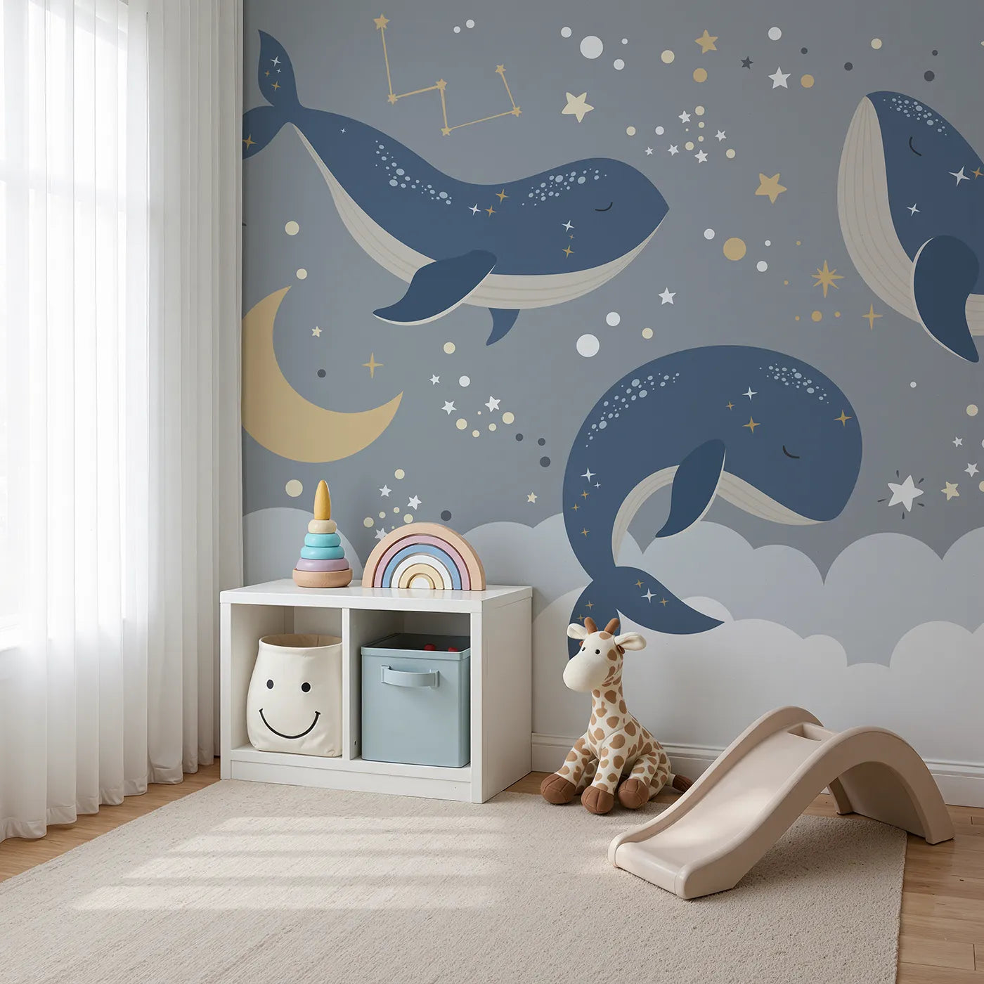 Angled view of Whimsy Tots' Cosmic Whale Constellations Wall Mural (Turn Their Room into a Magical, Starry Sky-Ocean).Gender-Neutral