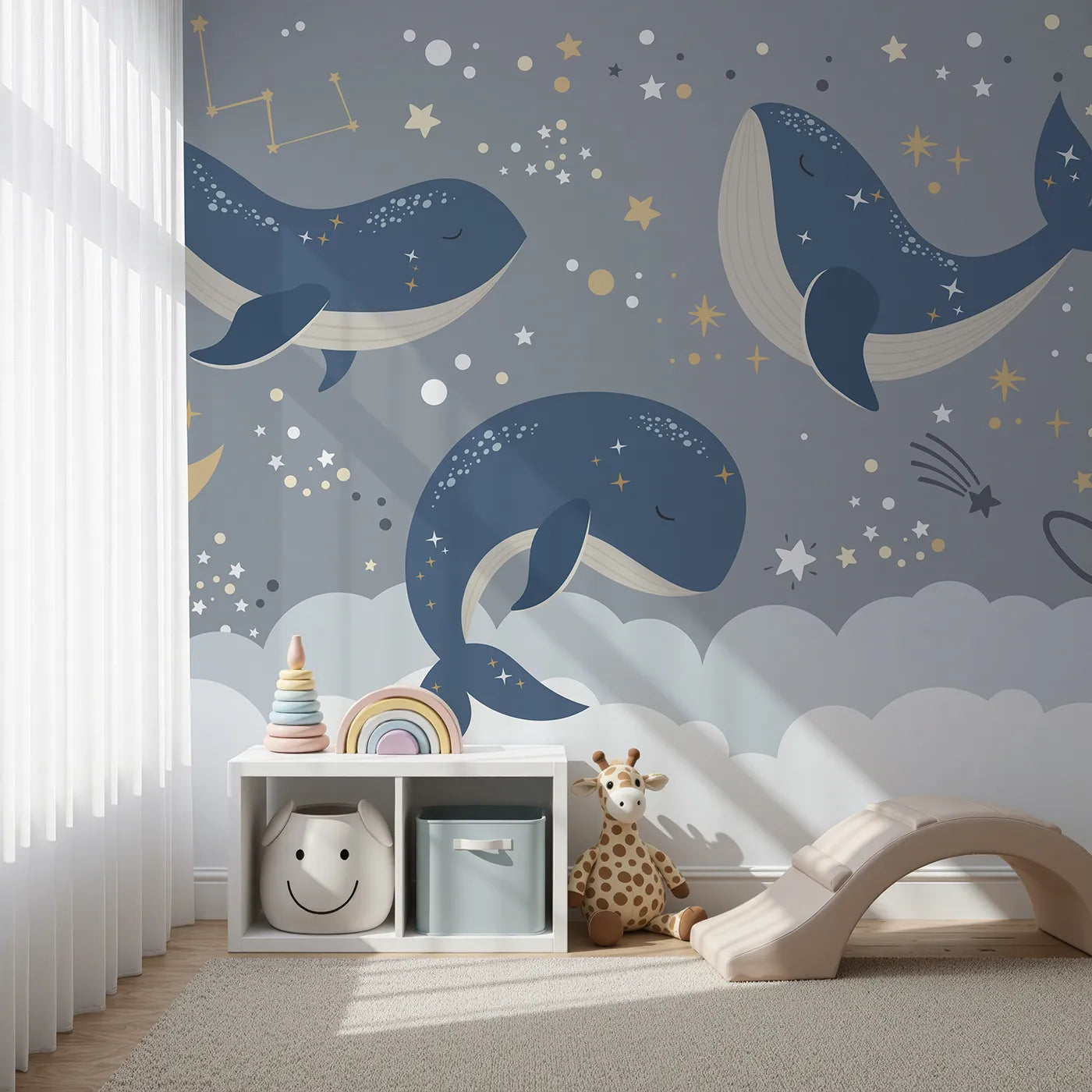 Front view of Whimsy Tots' Cosmic Whale Constellations Wall Mural