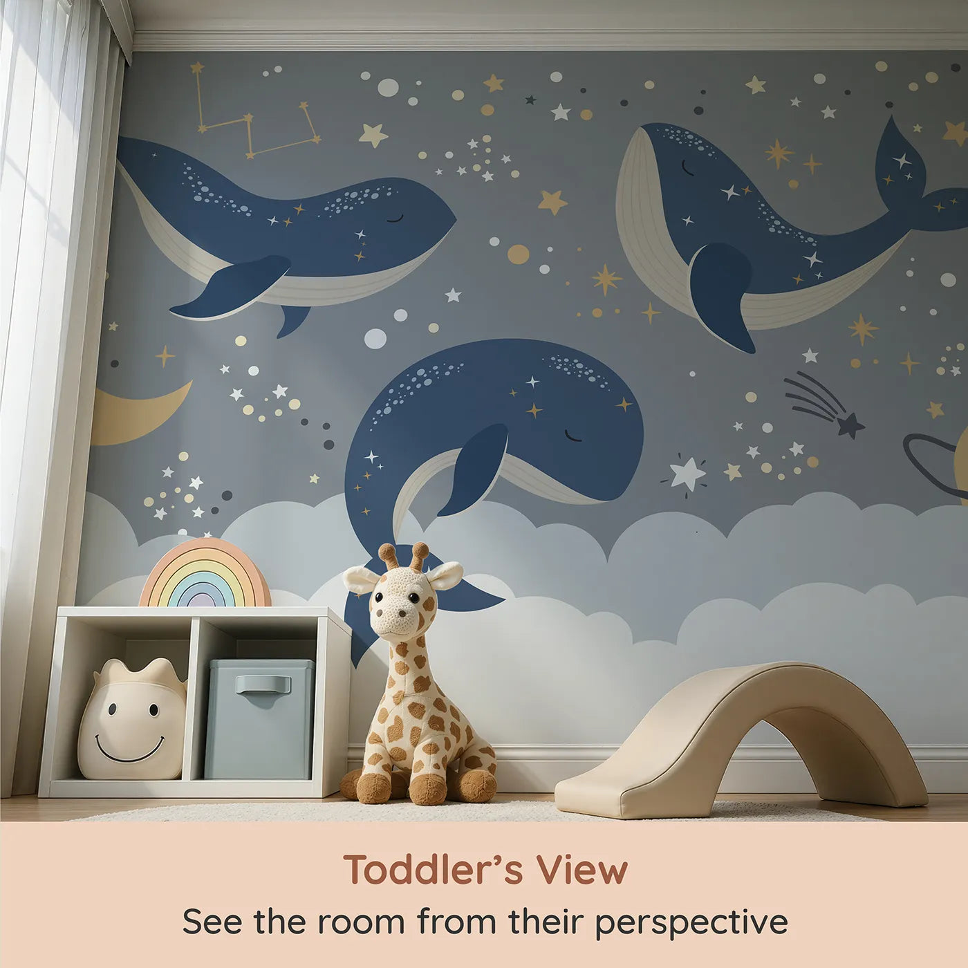 Whimsy Tots Cosmic Whale Constellations Wall Mural (Turn Their Room into a Magical, Starry Sky-Ocean) from your child's view.Gender-Neutral