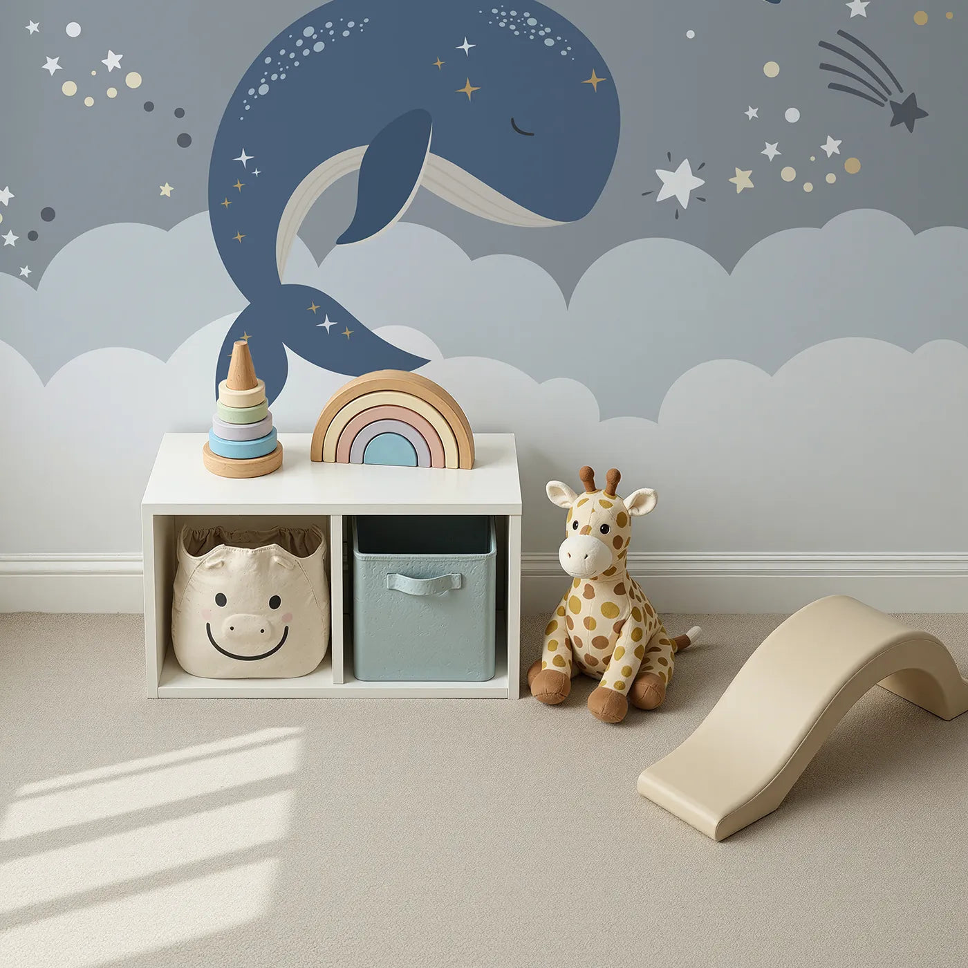 Top-down view of Whimsy Tots' Cosmic Whale Constellations Wall Mural (Turn Their Room into a Magical, Starry Sky-Ocean).Gender-Neutral