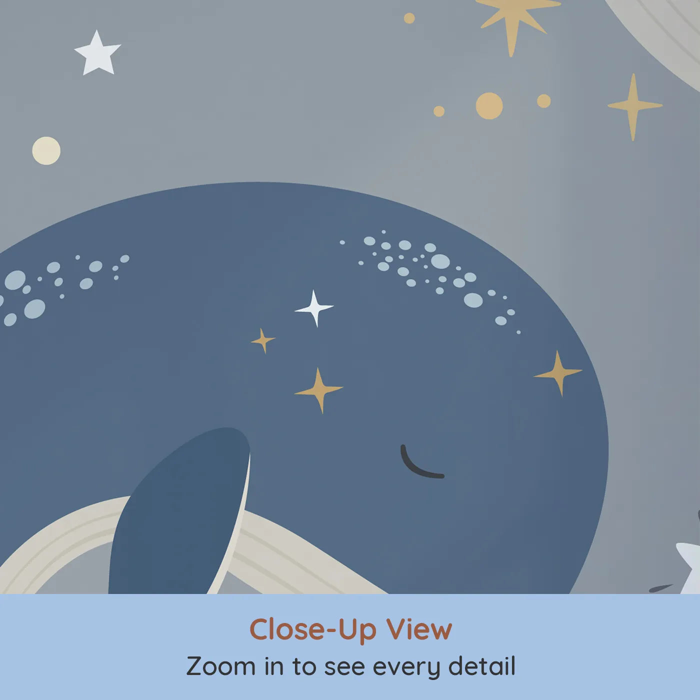 Close-up view of Whimsy Tots' Cosmic Whale Constellations Wall Mural (Turn Their Room into a Magical, Starry Sky-Ocean).Gender-Neutral