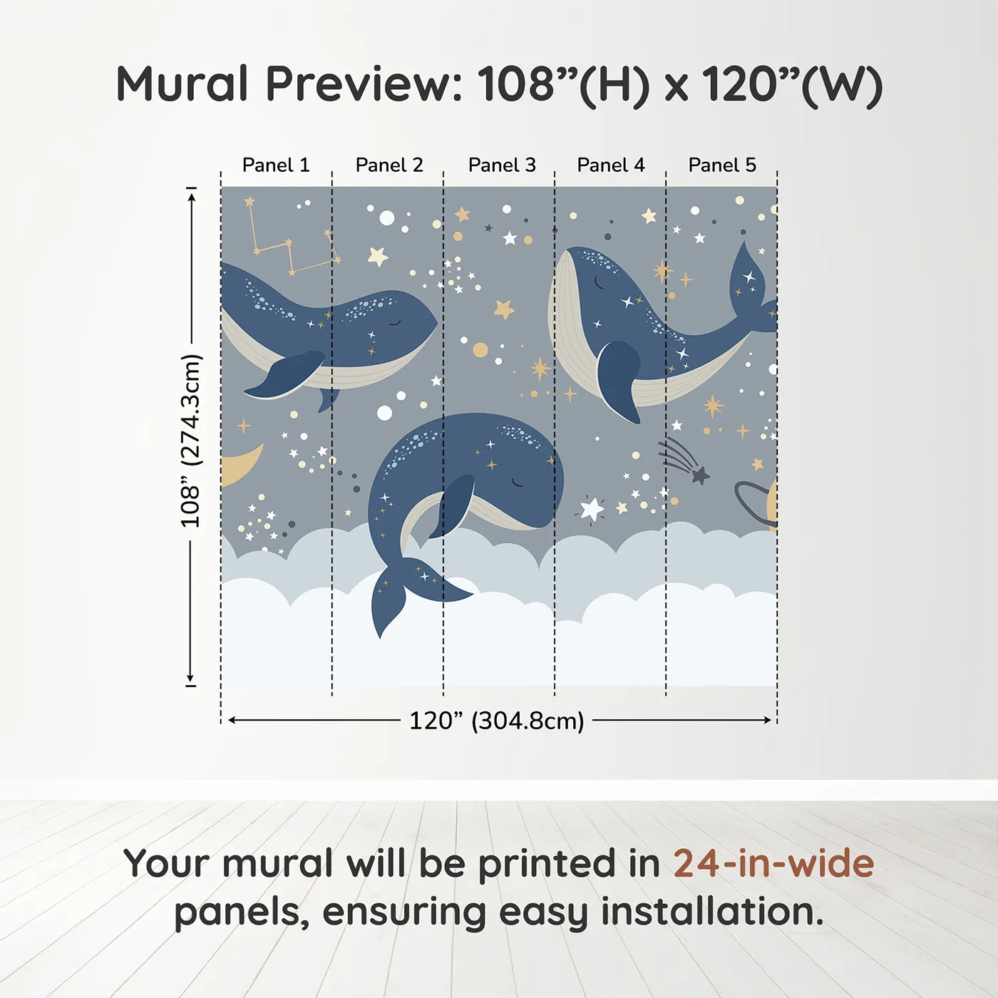 Whimsy Tots Cosmic Whale Constellations Wall Muraldimension view (108" H x 120" W). Printed in five 24-inch-wide panels. Gender-Neutral
