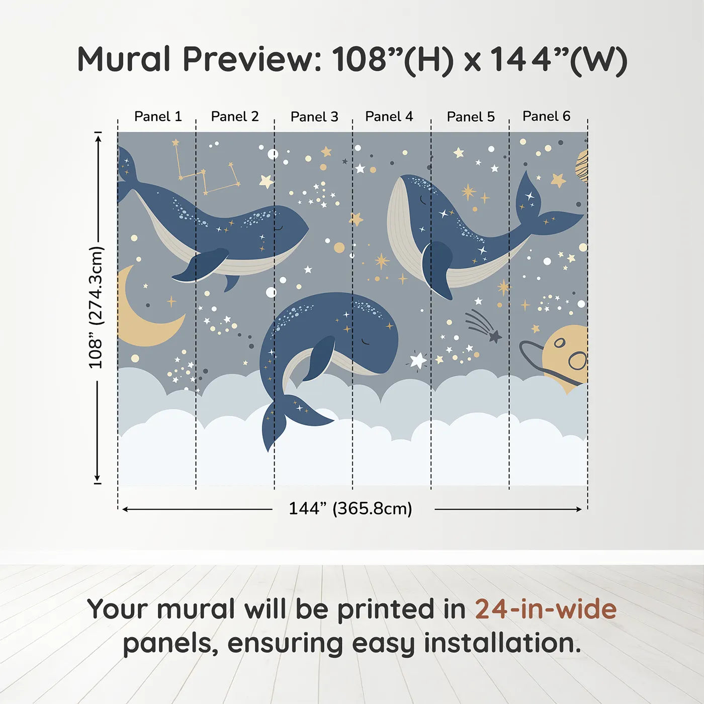 Whimsy Tots Cosmic Whale Constellations Wall Muraldimension view (108" H x 144" W). Printed in six 24-inch-wide panels. Gender-Neutral