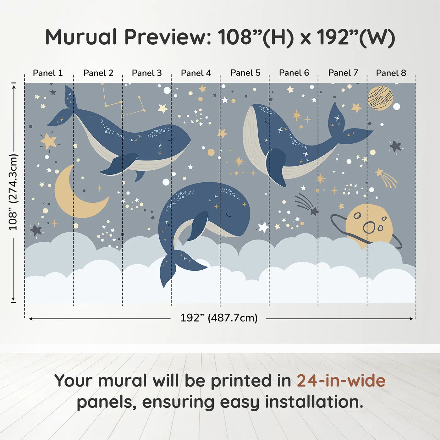 Whimsy Tots Cosmic Whale Constellations Wall Muraldimension view (108" H x 192" W). Printed in eight 24-inch-wide panels. Gender-Neutral