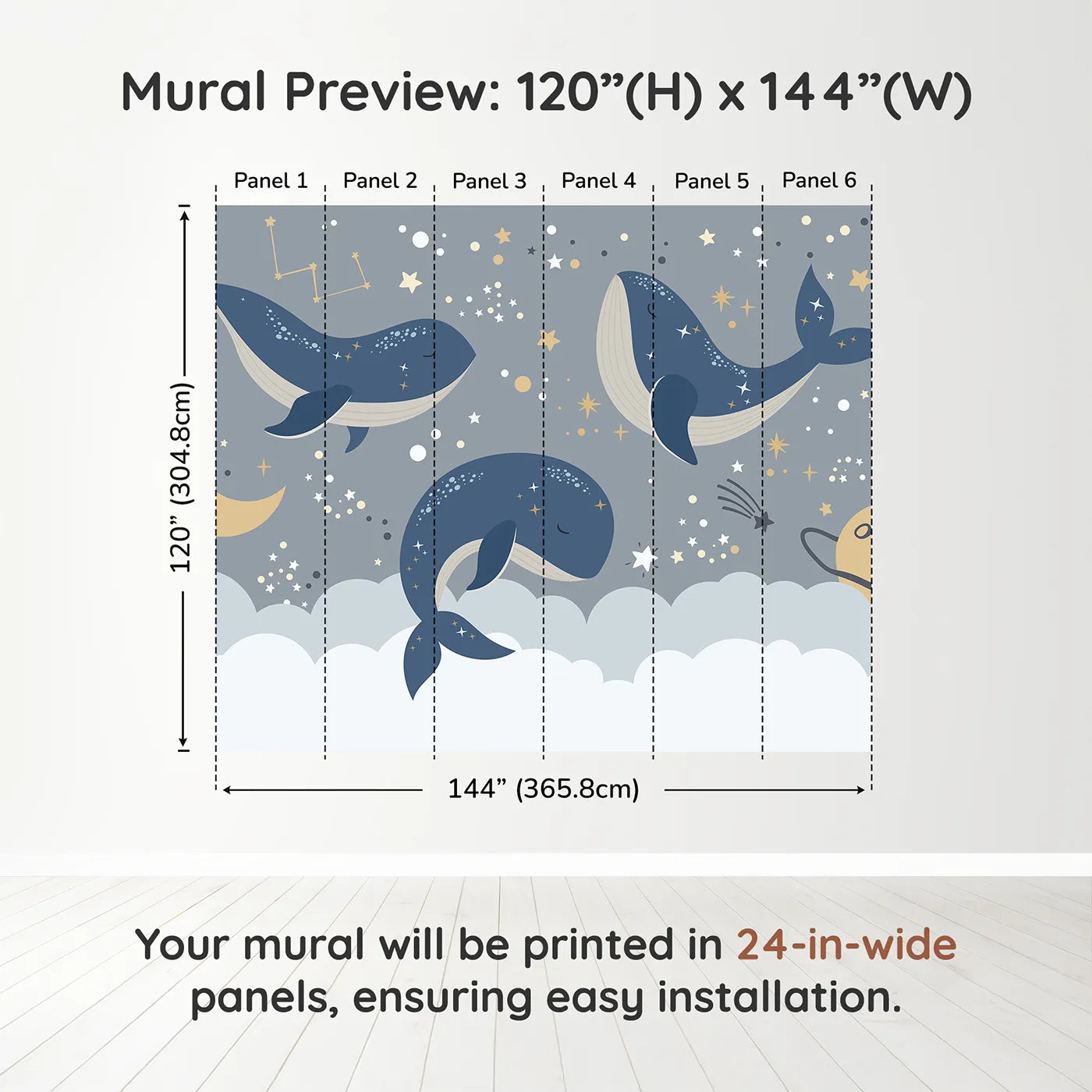 Whimsy Tots Cosmic Whale Constellations Wall Muraldimension view (120" H x 144" W). Printed in six 24-inch-wide panels. Gender-Neutral