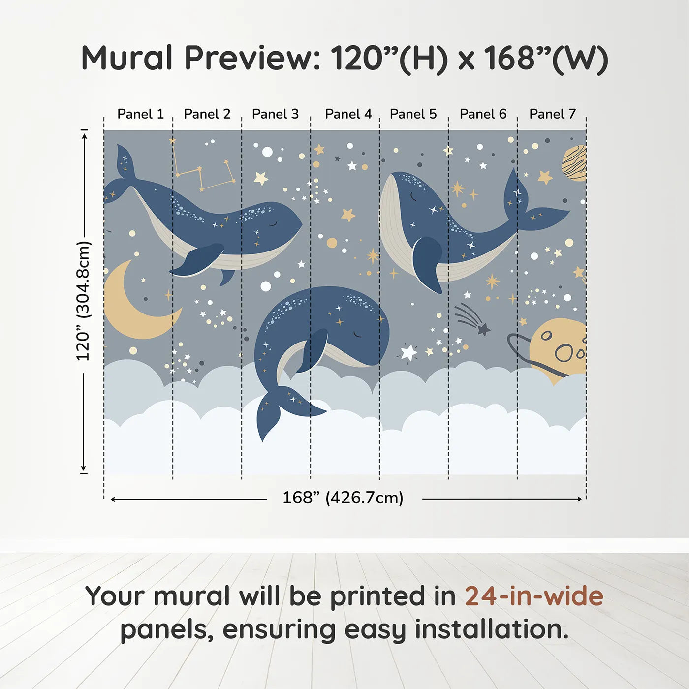 Whimsy Tots Cosmic Whale Constellations Wall Muraldimension view (120" H x 168" W). Printed in seven 24-inch-wide panels. Gender-Neutral