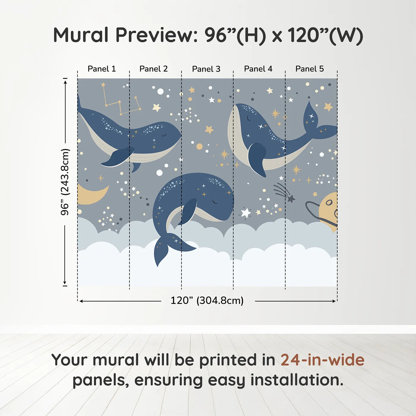 Whimsy Tots Cosmic Whale Constellations Wall Muraldimension view (96" H x 120" W). Printed in five 24-inch-wide panels. Gender-Neutral