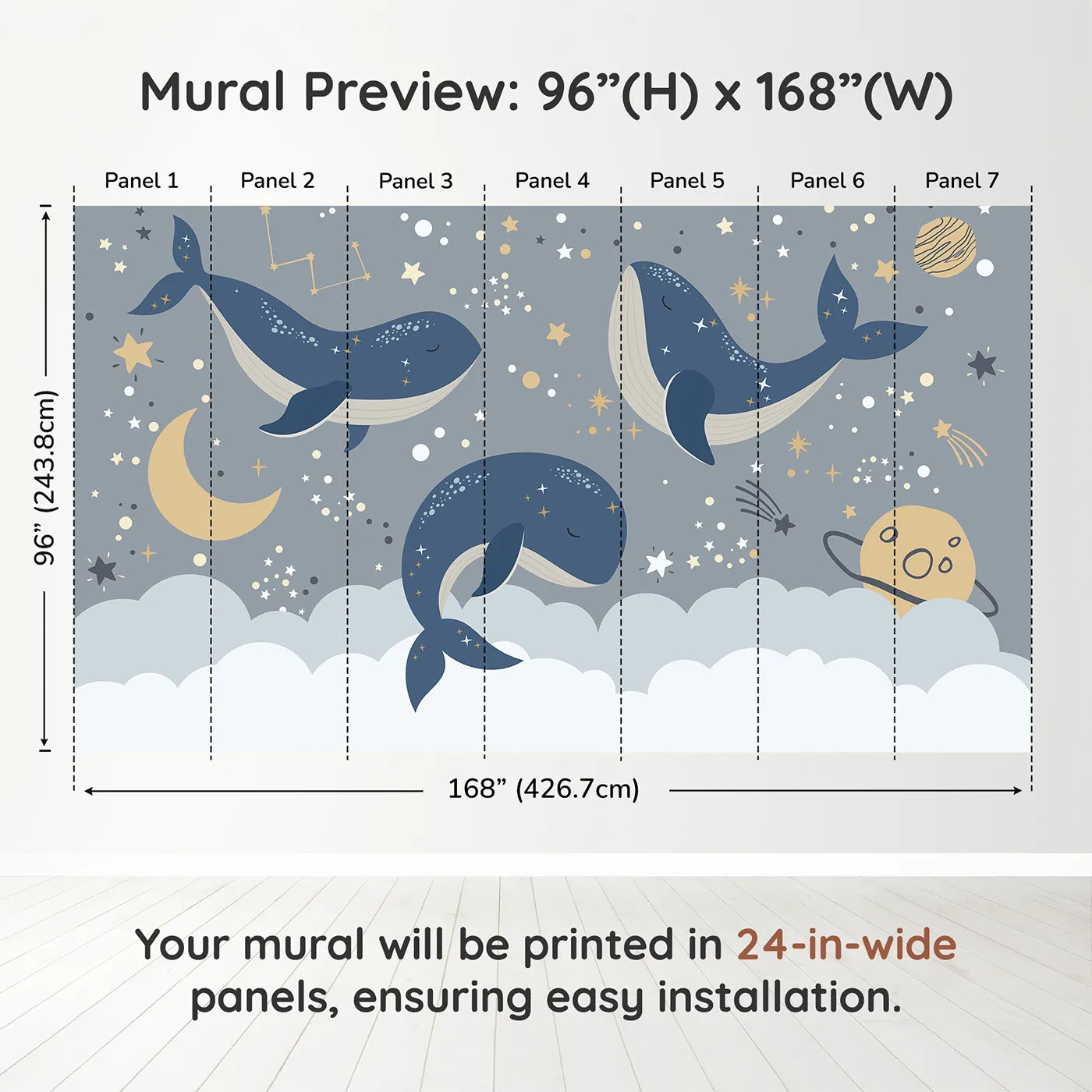 Whimsy Tots Cosmic Whale Constellations Wall Muraldimension view (96" H x 168" W). Printed in seven 24-inch-wide panels. Gender-Neutral