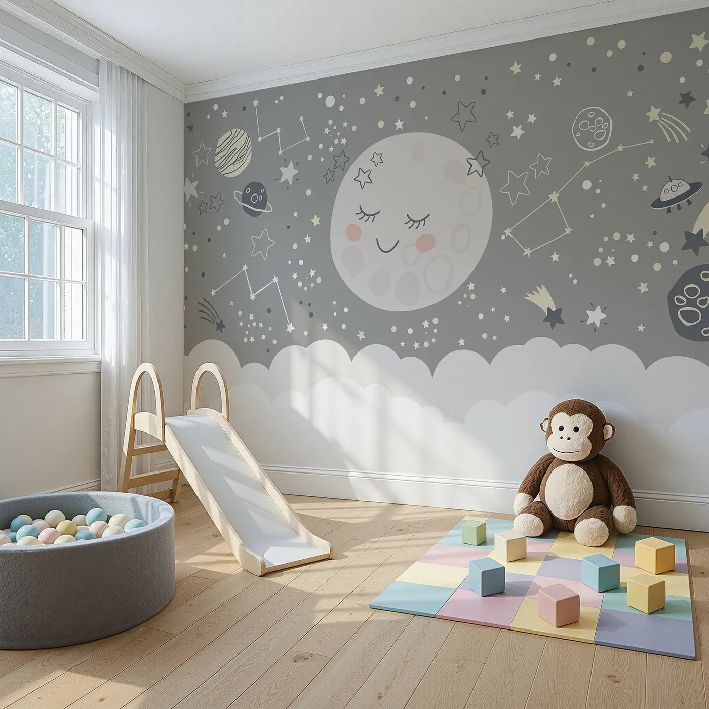 Angled view of Whimsy Tots' Sleepy Moon and Stars Wall Mural (Turn Their Room into the Coziest, Starriest Dreamland).Gender-Neutral