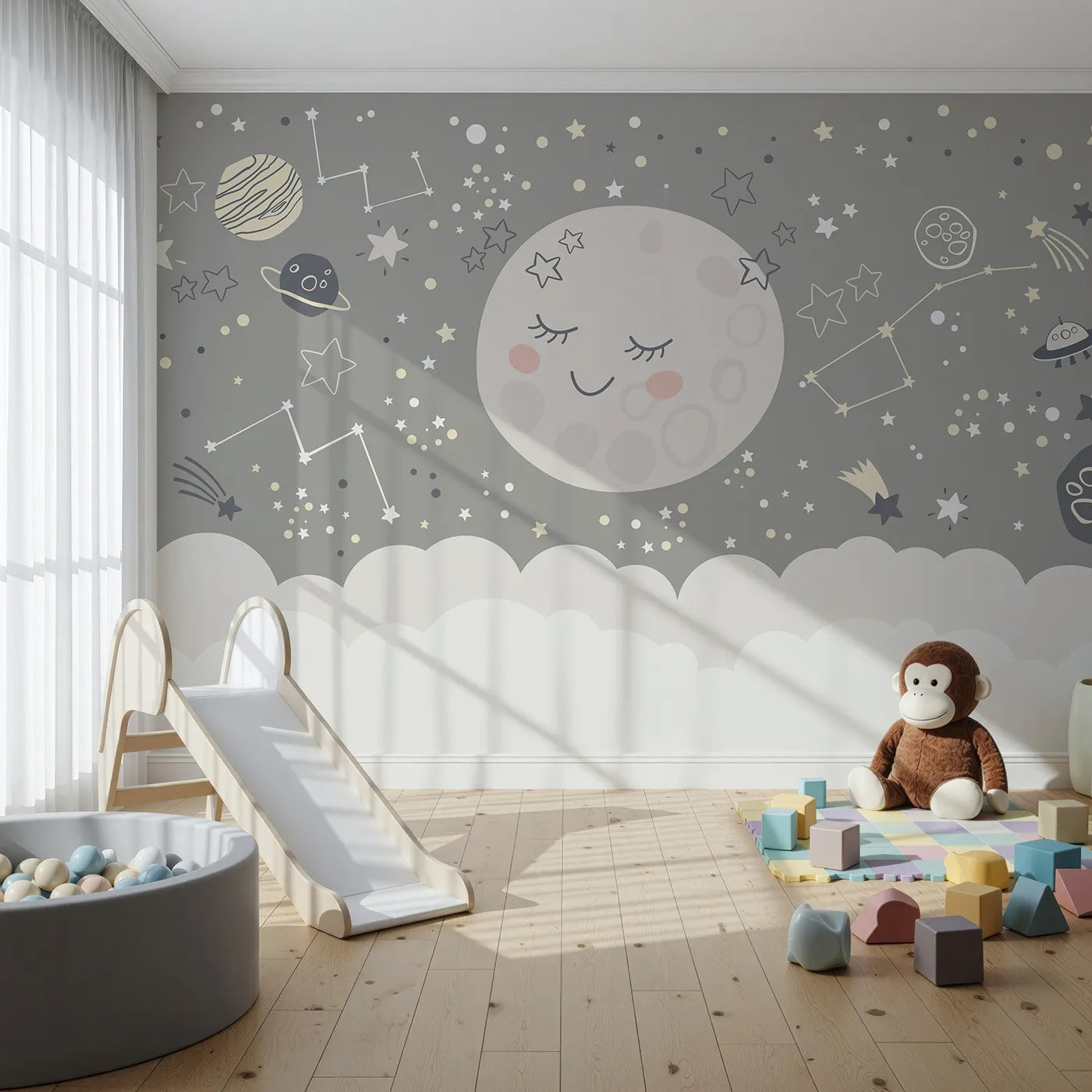 Front view of Whimsy Tots' Sleepy Moon and Stars Wall Mural