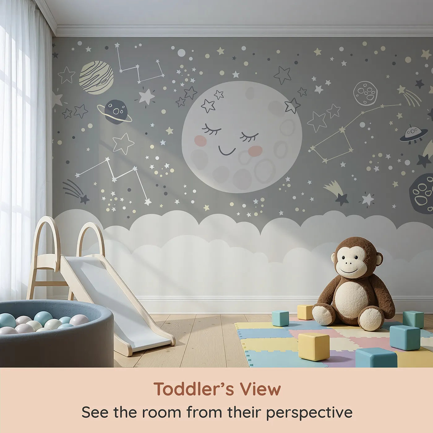 Whimsy Tots Sleepy Moon and Stars Wall Mural (Turn Their Room into the Coziest, Starriest Dreamland) from your child's view.Gender-Neutral