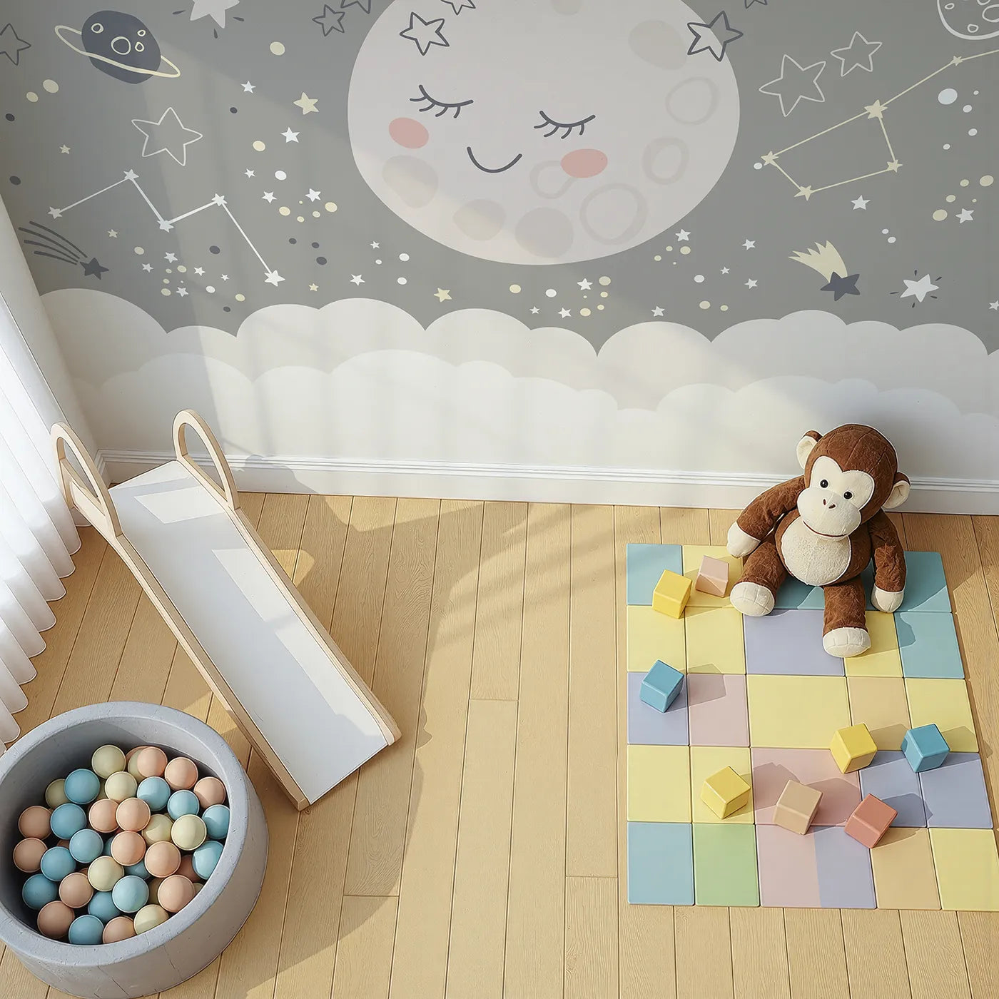 Top-down view of Whimsy Tots' Sleepy Moon and Stars Wall Mural (Turn Their Room into the Coziest, Starriest Dreamland).Gender-Neutral