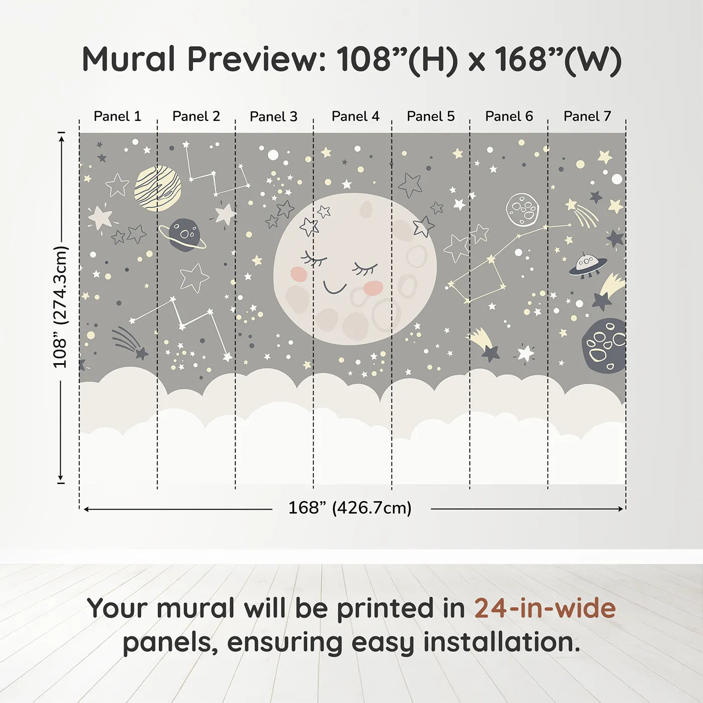 Whimsy Tots Sleepy Moon and Stars Wall Muraldimension view (108" H x 168" W). Printed in seven 24-inch-wide panels. Gender-Neutral