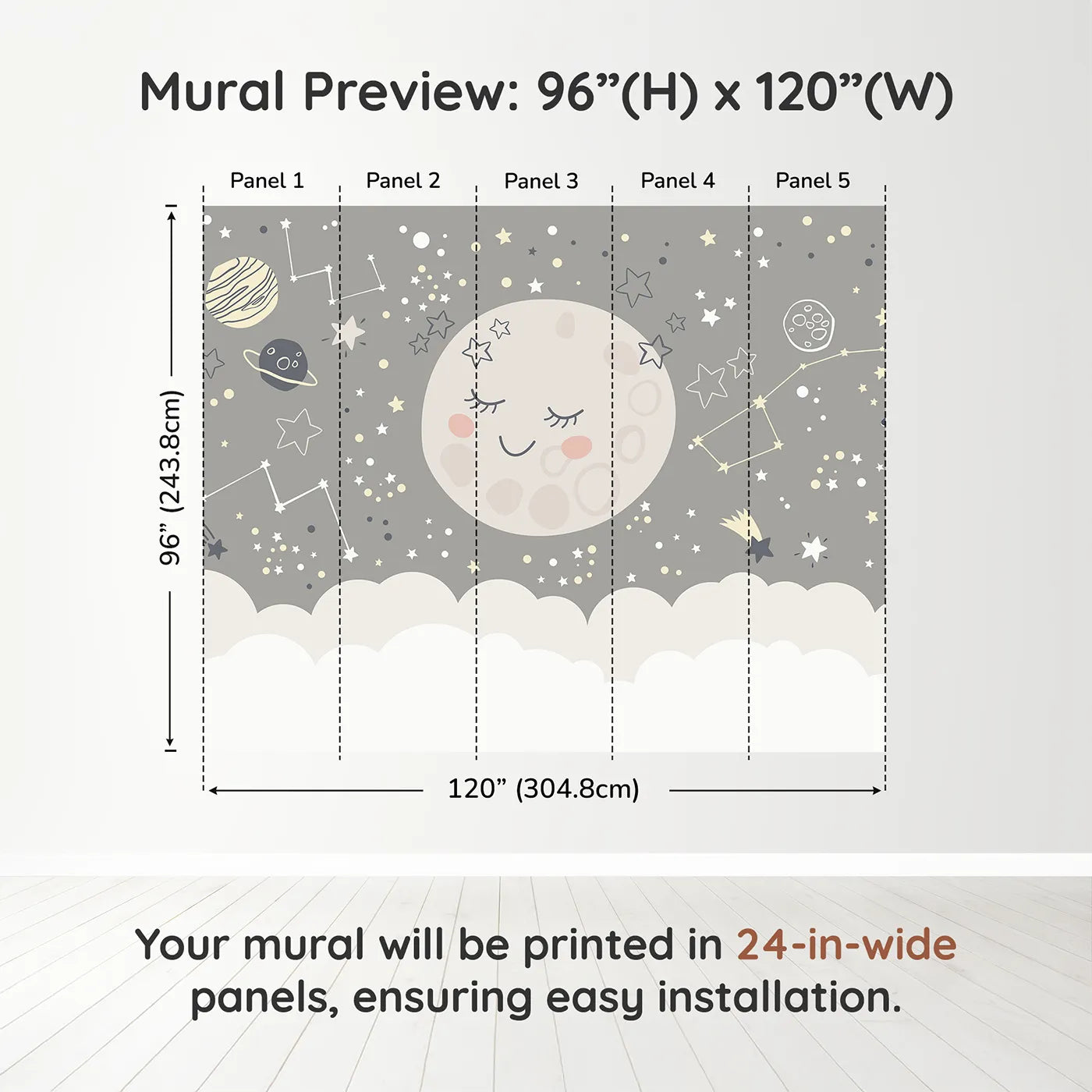 Whimsy Tots Sleepy Moon and Stars Wall Muraldimension view (96" H x 120" W). Printed in five 24-inch-wide panels. Gender-Neutral