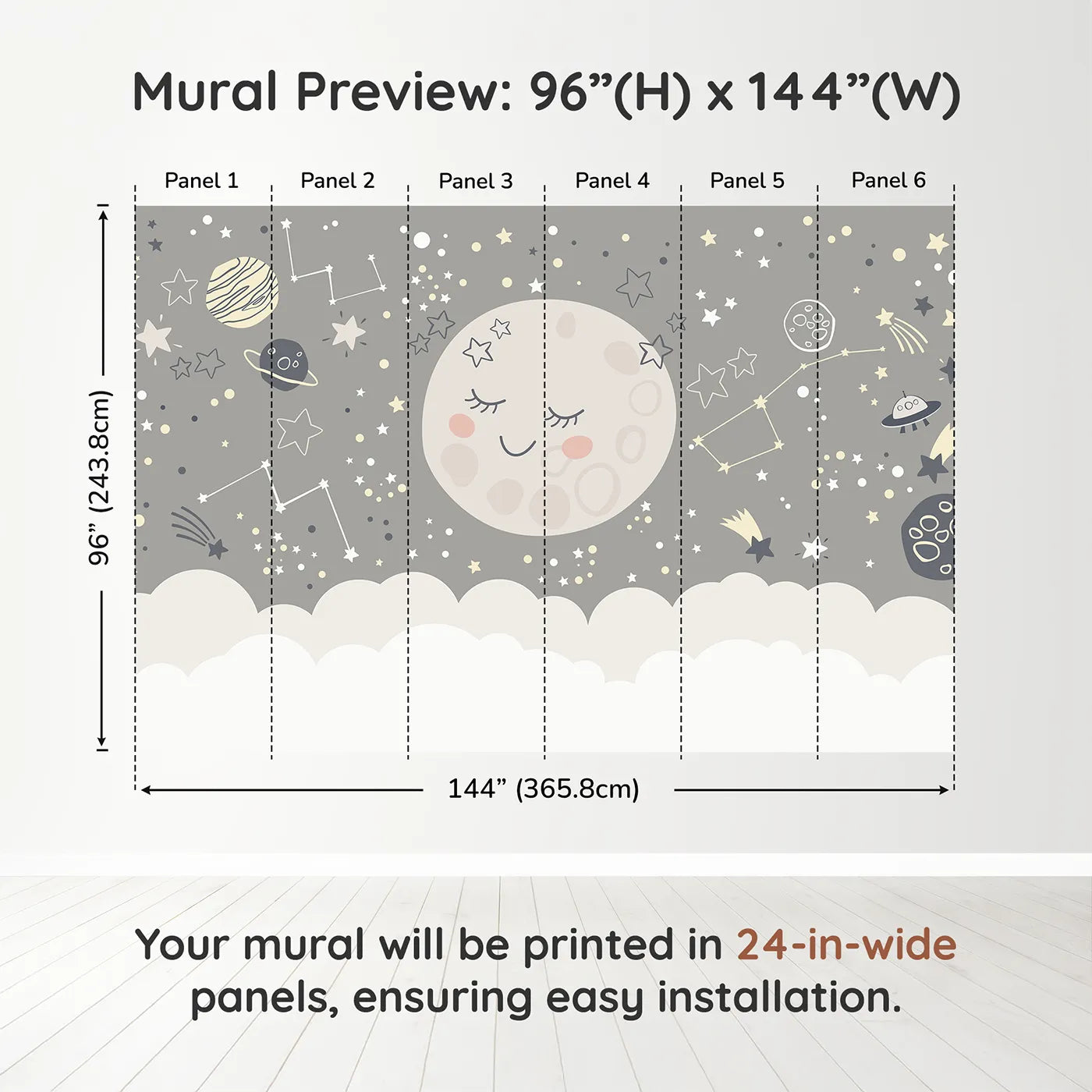 Whimsy Tots Sleepy Moon and Stars Wall Muraldimension view (96" H x 144" W). Printed in six 24-inch-wide panels. Gender-Neutral