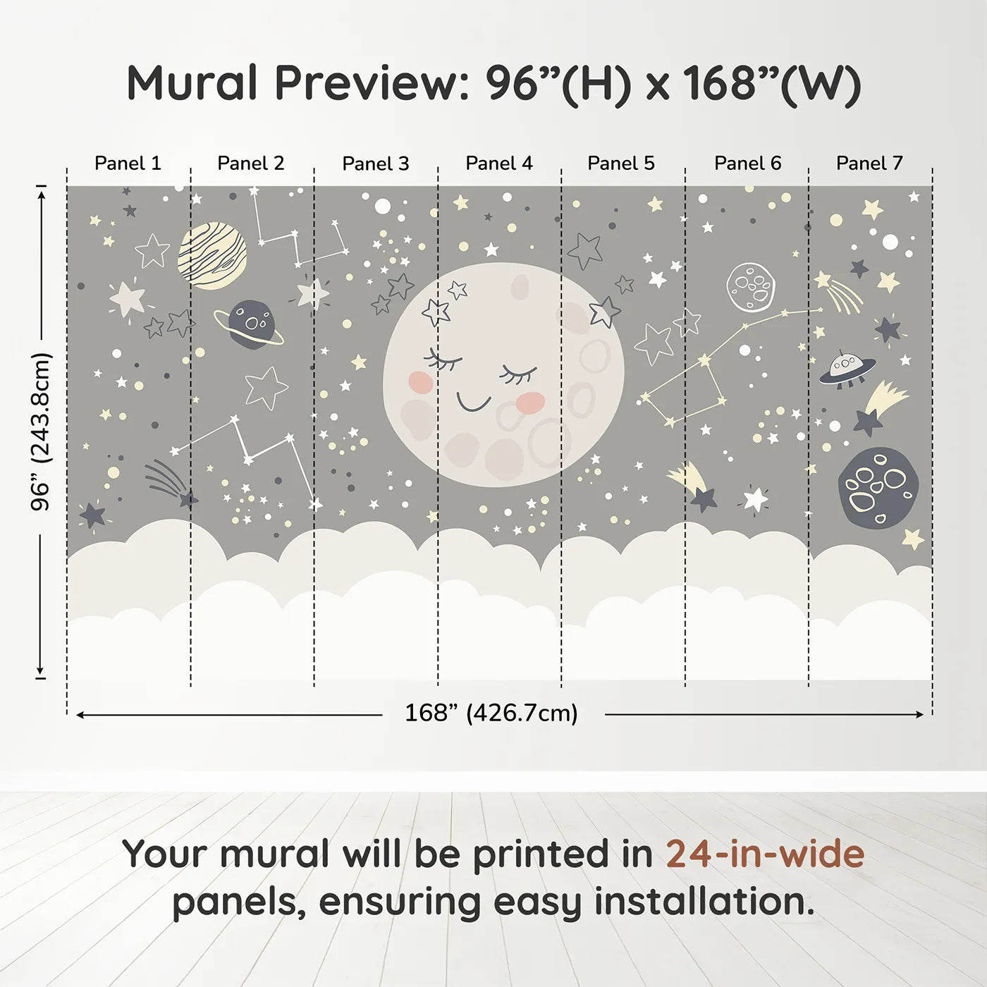Whimsy Tots Sleepy Moon and Stars Wall Muraldimension view (96" H x 168" W). Printed in seven 24-inch-wide panels. Gender-Neutral