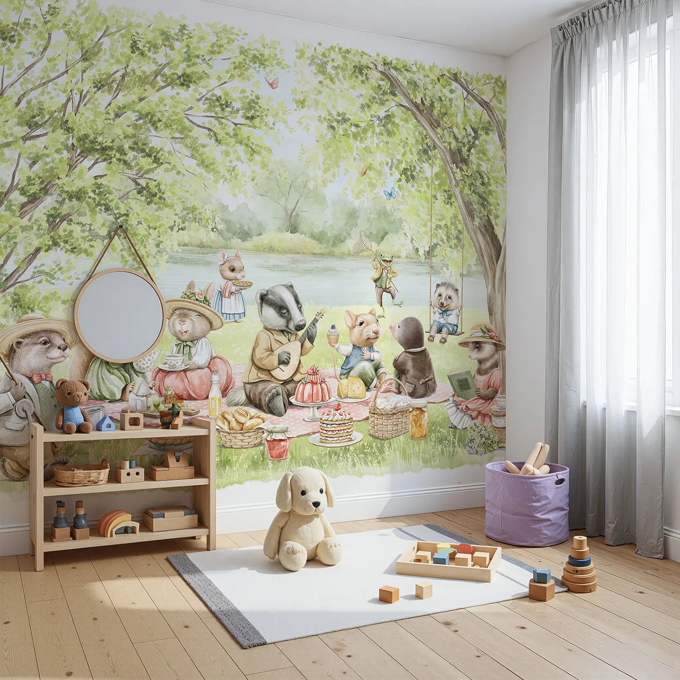 Angled view of Whimsy Tots' Woodland Friends Picnic Wall Mural (Turn Their Room into the Sweetest, Most Charming Riverside Picnic).Gender-Neutral