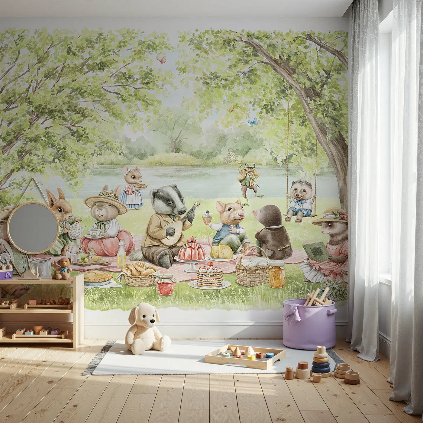 Front view of Whimsy Tots' Woodland Friends Picnic Wall Mural