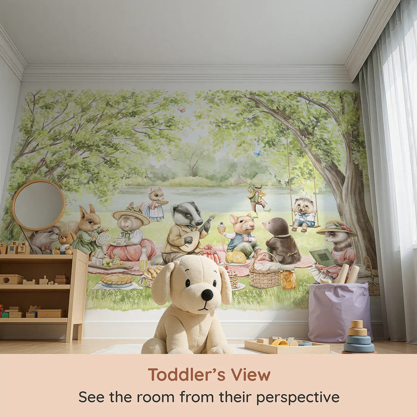 Whimsy Tots Woodland Friends Picnic Wall Mural (Turn Their Room into the Sweetest, Most Charming Riverside Picnic) from your child's view.Gender-Neutral