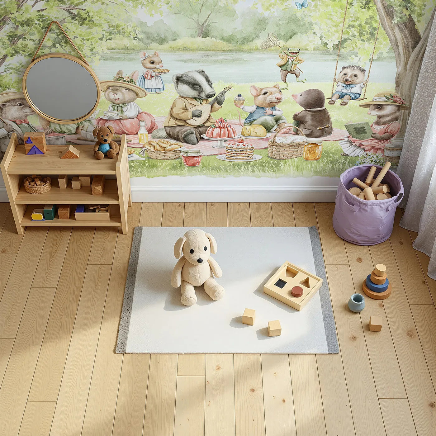 Top-down view of Whimsy Tots' Woodland Friends Picnic Wall Mural (Turn Their Room into the Sweetest, Most Charming Riverside Picnic).Gender-Neutral