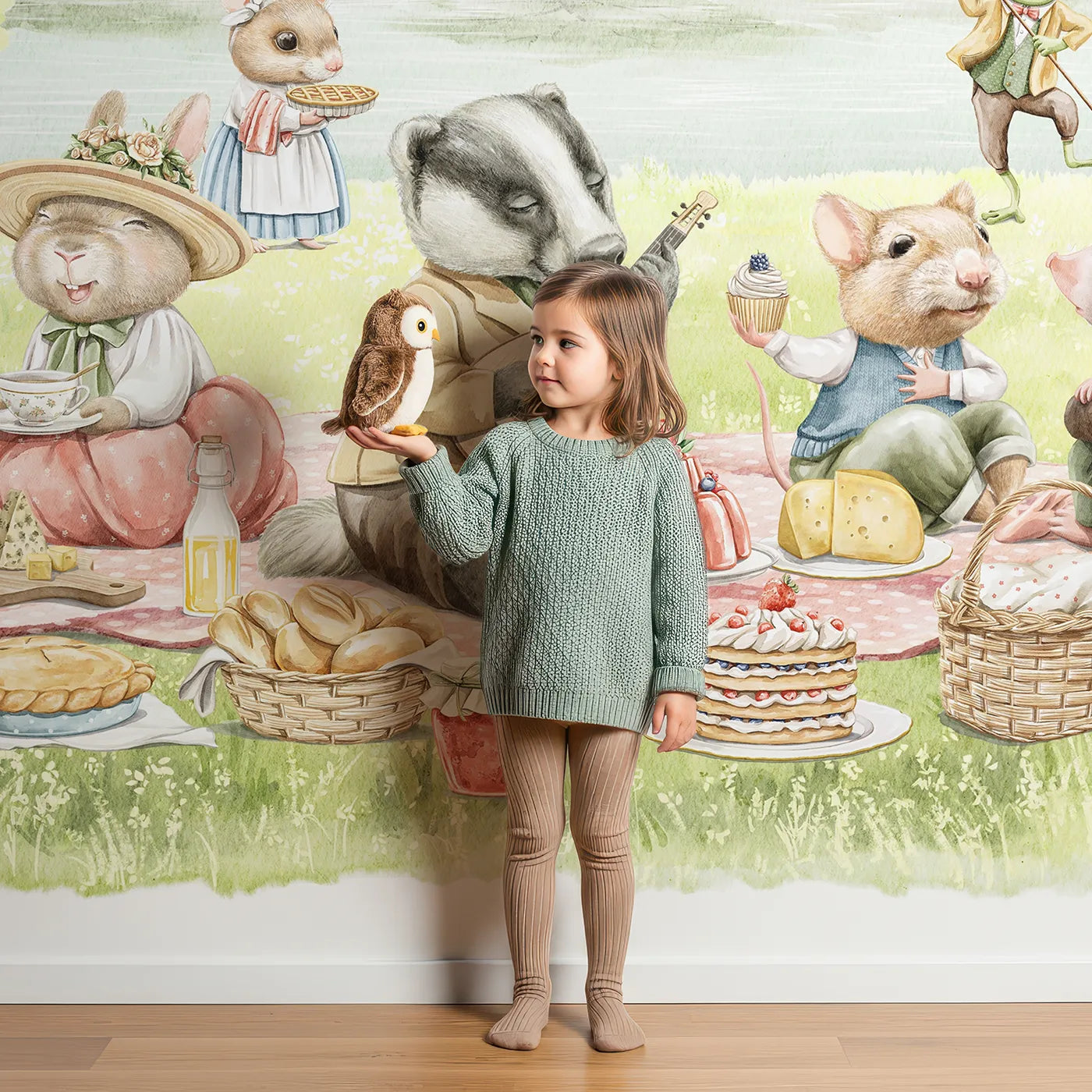 Child in front of Whimsy Tots Woodland Friends Picnic Wall Mural with animal, woodland, picnic, cute, vintage, storybook, river, friends in design.