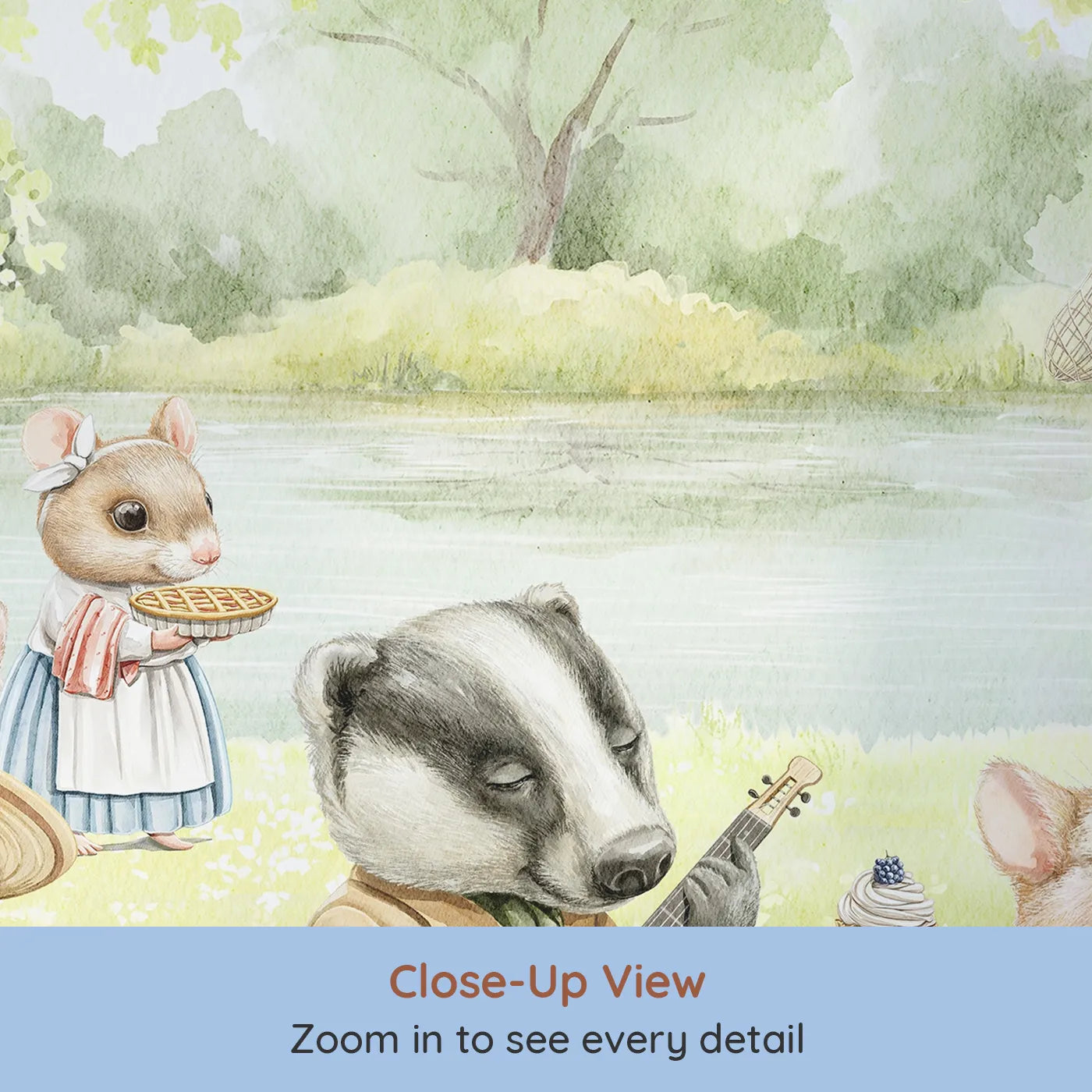 Close-up view of Whimsy Tots' Woodland Friends Picnic Wall Mural (Turn Their Room into the Sweetest, Most Charming Riverside Picnic).Gender-Neutral