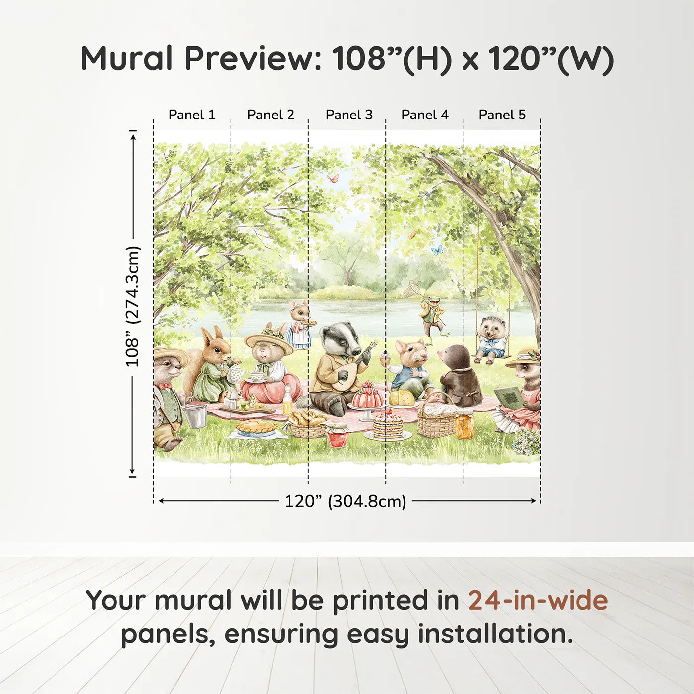 Whimsy Tots Woodland Friends Picnic Wall Muraldimension view (108" H x 120" W). Printed in five 24-inch-wide panels. Gender-Neutral