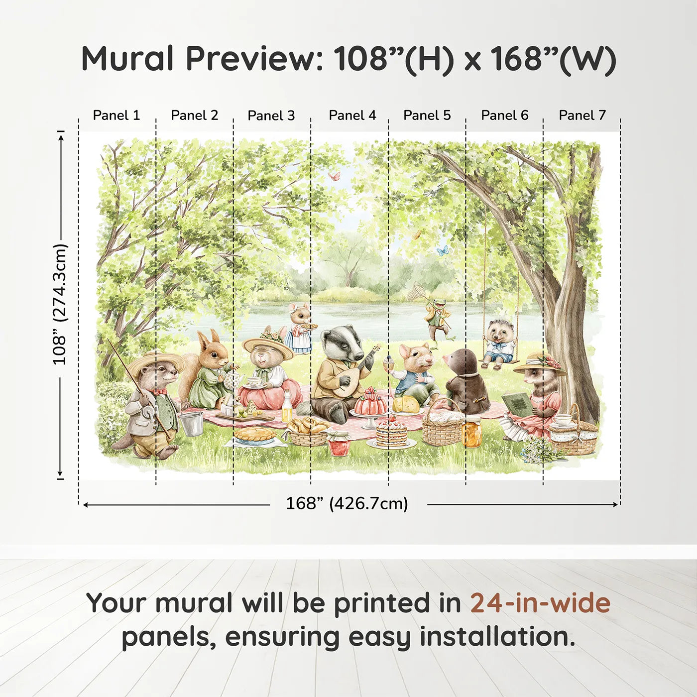 Whimsy Tots Woodland Friends Picnic Wall Muraldimension view (108" H x 168" W). Printed in seven 24-inch-wide panels. Gender-Neutral