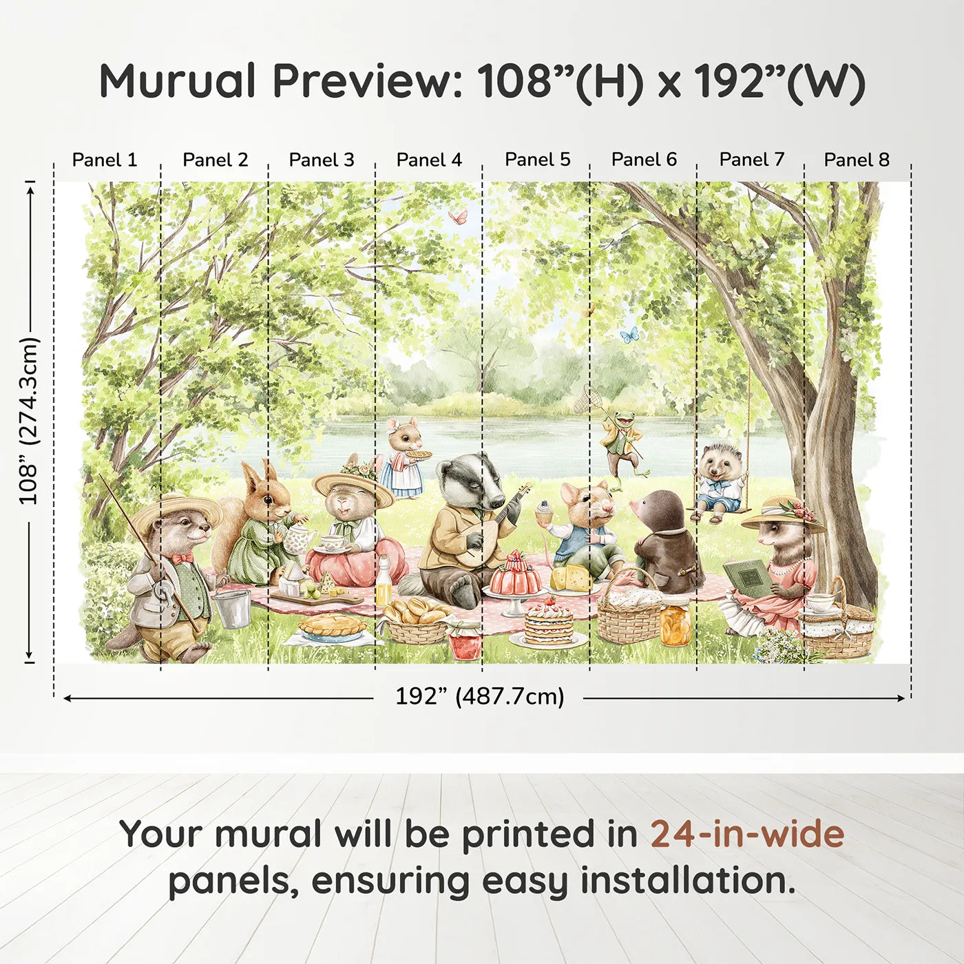 Whimsy Tots Woodland Friends Picnic Wall Muraldimension view (108" H x 192" W). Printed in eight 24-inch-wide panels. Gender-Neutral