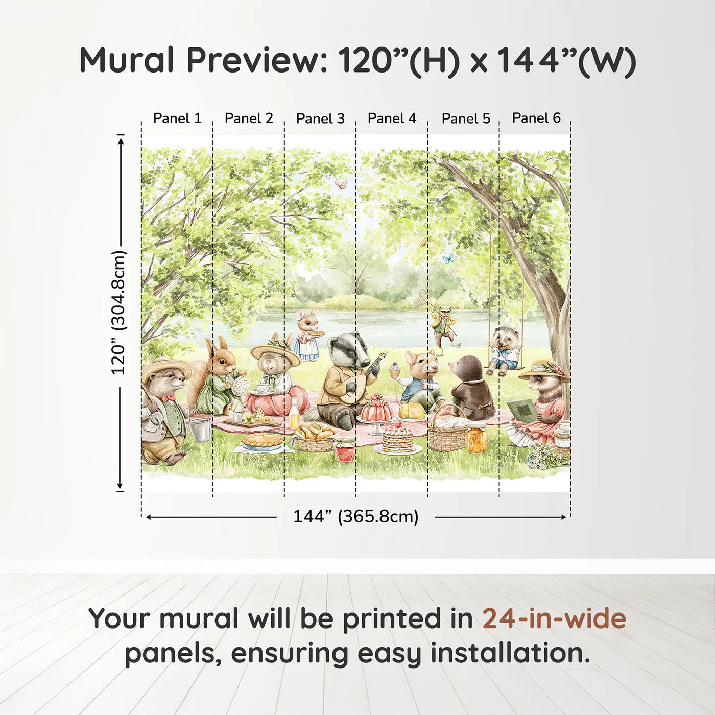 Whimsy Tots Woodland Friends Picnic Wall Muraldimension view (120" H x 144" W). Printed in six 24-inch-wide panels. Gender-Neutral