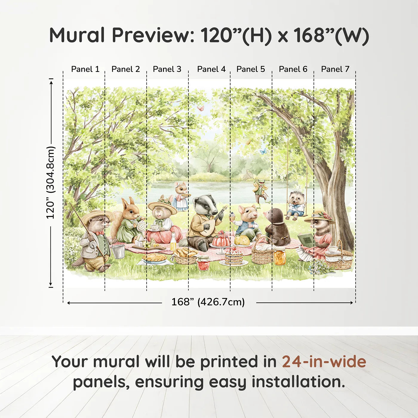Whimsy Tots Woodland Friends Picnic Wall Muraldimension view (120" H x 168" W). Printed in seven 24-inch-wide panels. Gender-Neutral