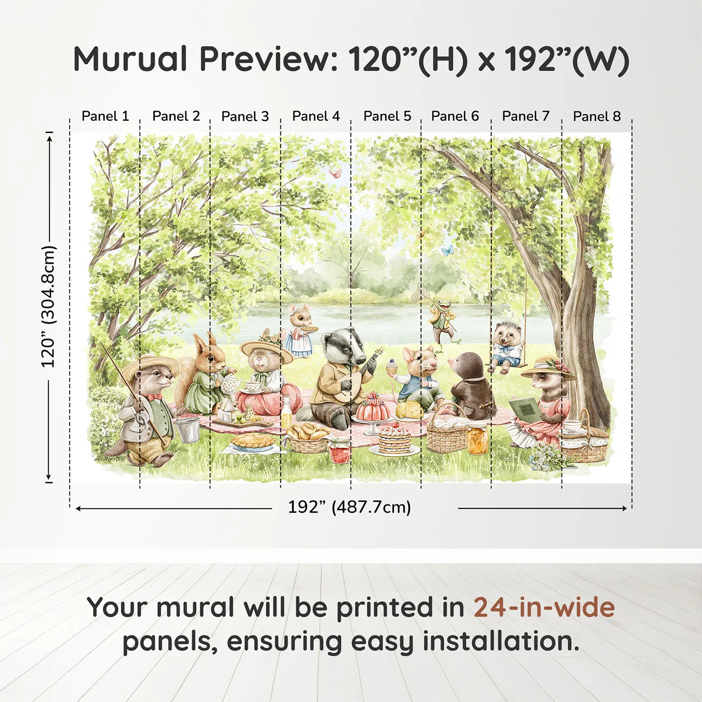 Whimsy Tots Woodland Friends Picnic Wall Muraldimension view (120" H x 192" W). Printed in eight 24-inch-wide panels. Gender-Neutral
