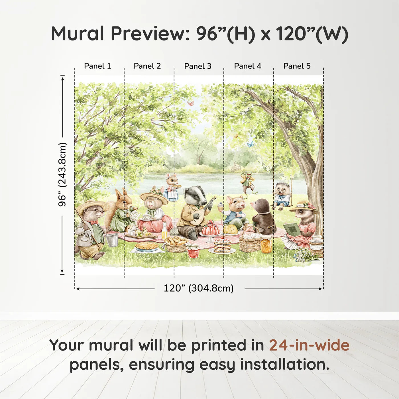Whimsy Tots Woodland Friends Picnic Wall Muraldimension view (96" H x 120" W). Printed in five 24-inch-wide panels. Gender-Neutral