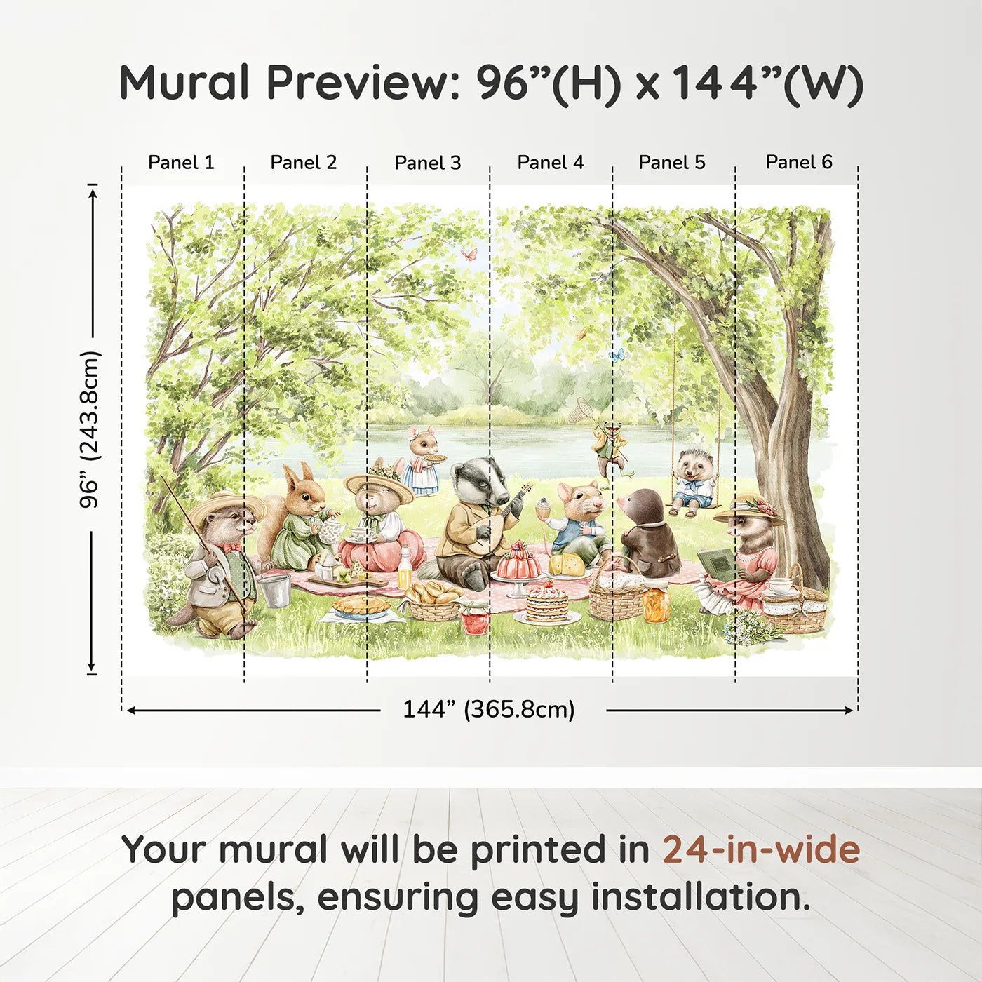 Whimsy Tots Woodland Friends Picnic Wall Muraldimension view (96" H x 144" W). Printed in six 24-inch-wide panels. Gender-Neutral