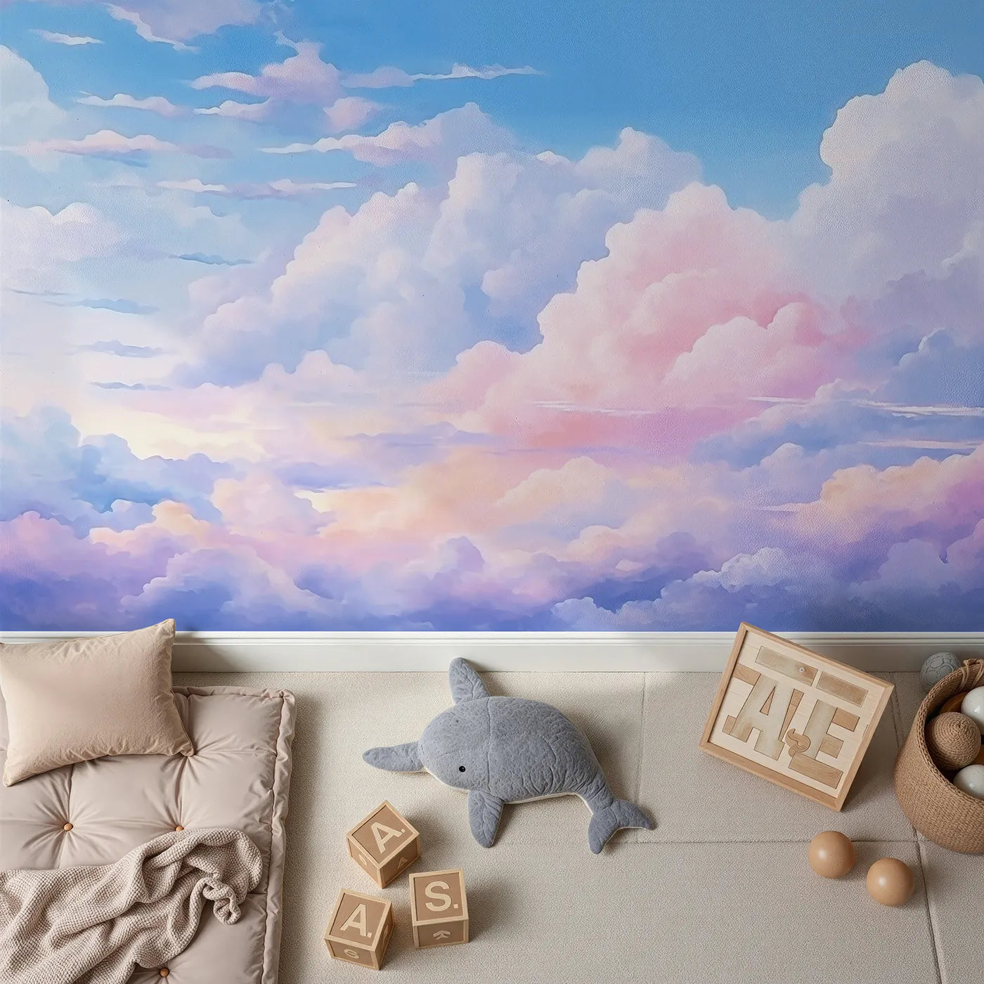 Top-down view of Whimsy Tots' Anime Sky Wall Mural (Turn Their Room into a Dreamy, Painted Skyscape).Gender-Neutral