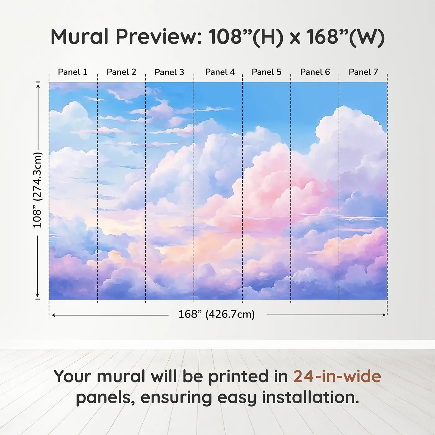 Whimsy Tots Anime Sky Wall Muraldimension view (108" H x 168" W). Printed in seven 24-inch-wide panels. Gender-Neutral