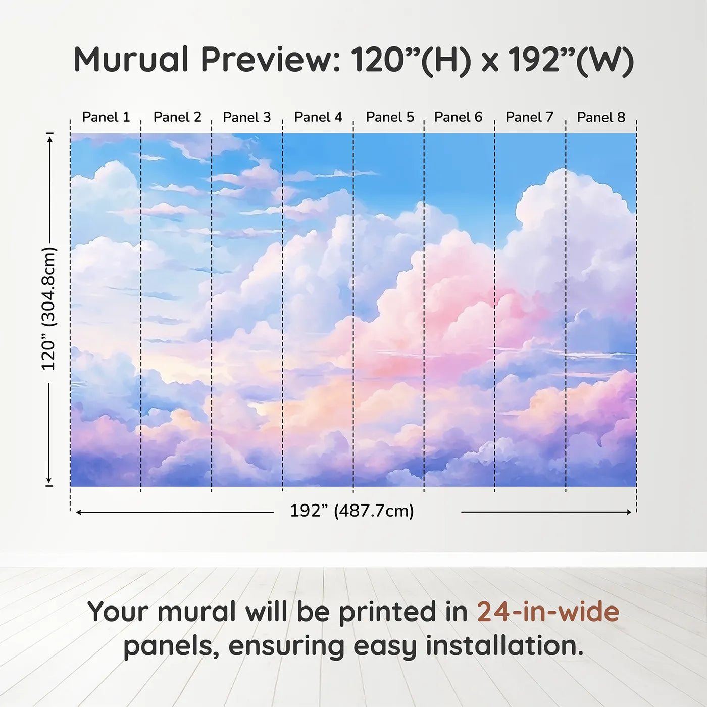 Whimsy Tots Anime Sky Wall Muraldimension view (120" H x 192" W). Printed in eight 24-inch-wide panels. Gender-Neutral