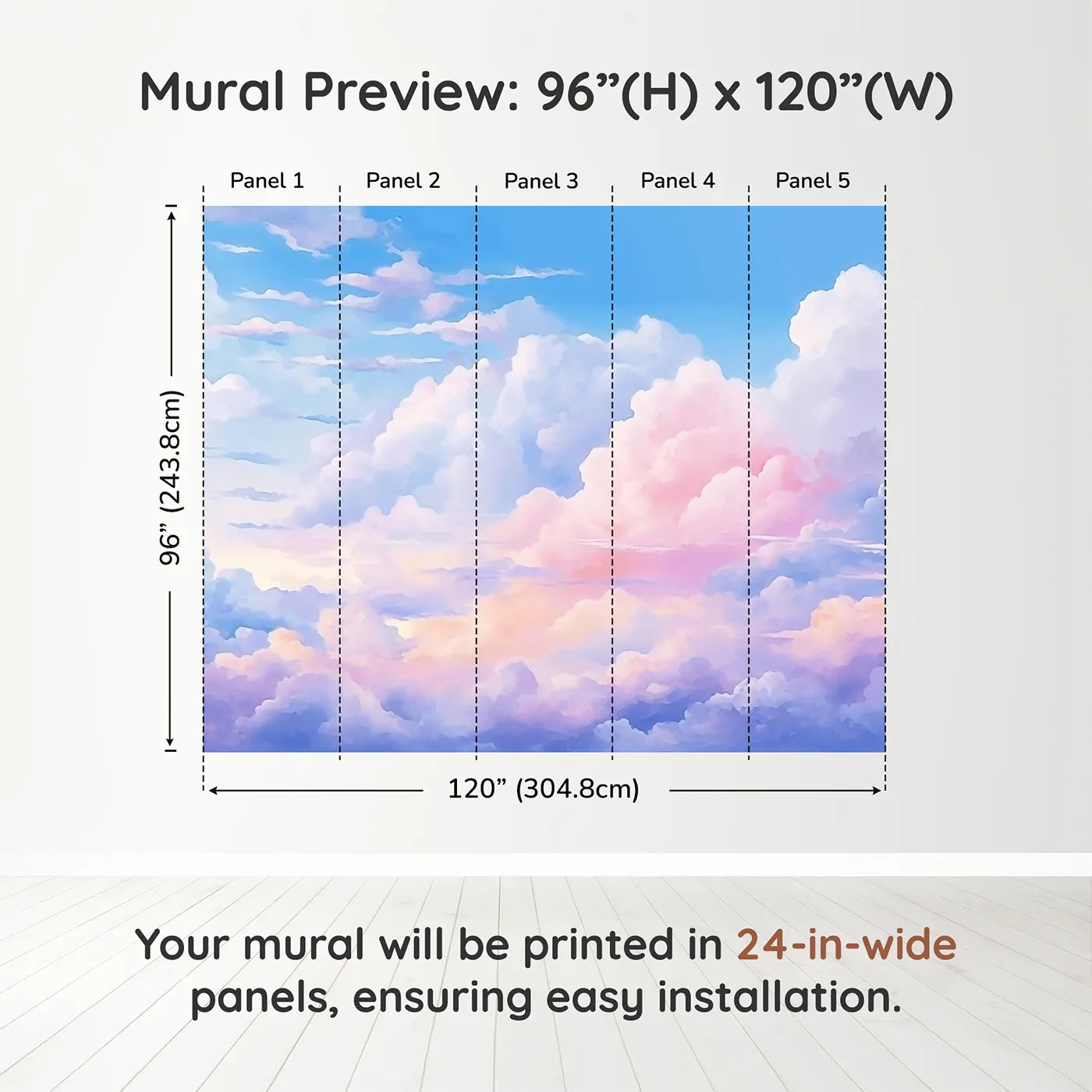 Whimsy Tots Anime Sky Wall Muraldimension view (96" H x 120" W). Printed in five 24-inch-wide panels. Gender-Neutral