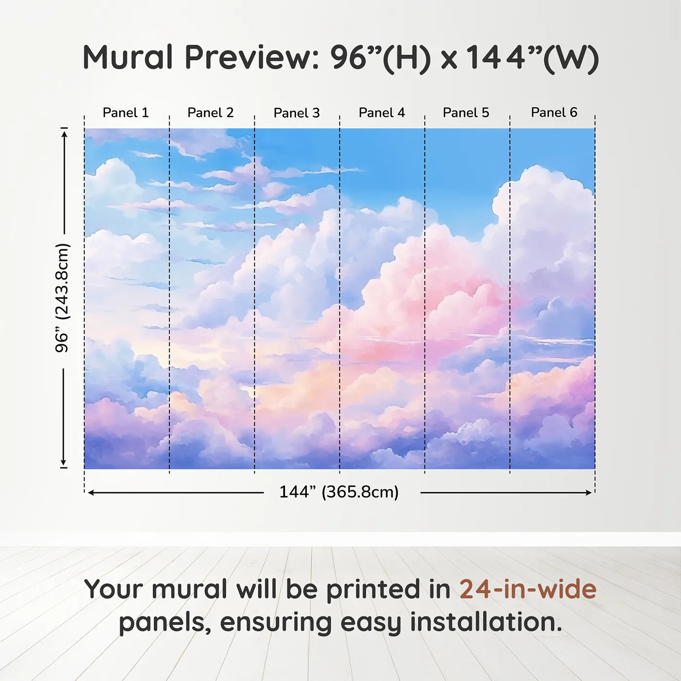 Whimsy Tots Anime Sky Wall Muraldimension view (96" H x 144" W). Printed in six 24-inch-wide panels. Gender-Neutral