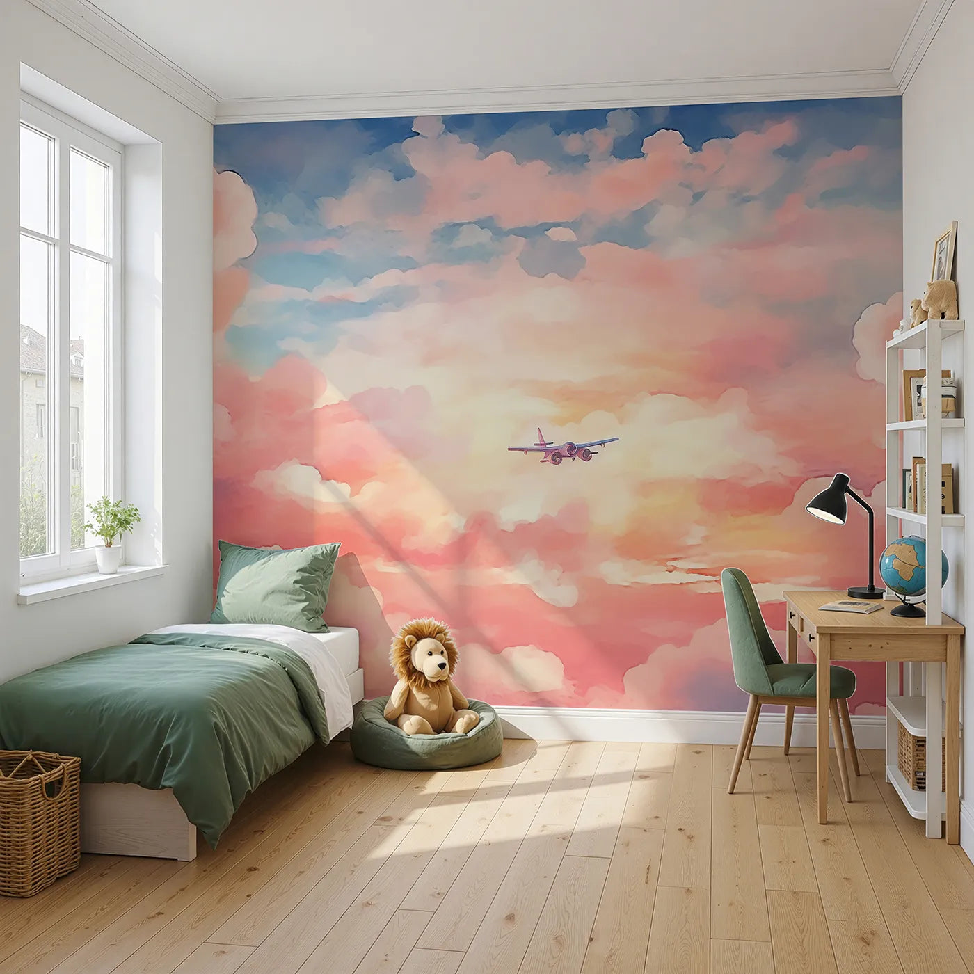 Angled view of Whimsy Tots' Anime Sunset Flight Wall Mural (Turn Their Room into a Dreamy, High-Flying Adventure).Gender-Neutral