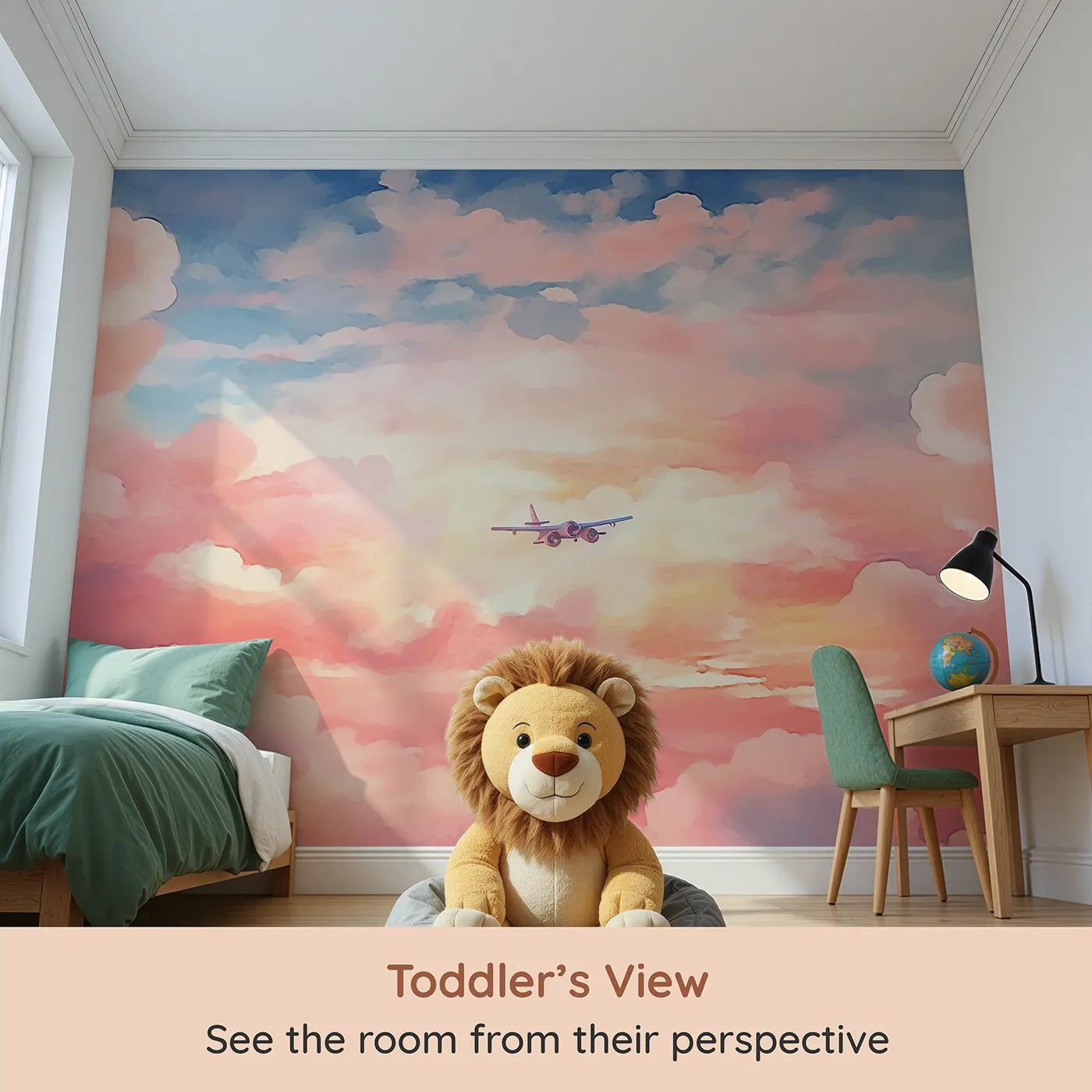 Whimsy Tots Anime Sunset Flight Wall Mural (Turn Their Room into a Dreamy, High-Flying Adventure) from your child's view.Gender-Neutral
