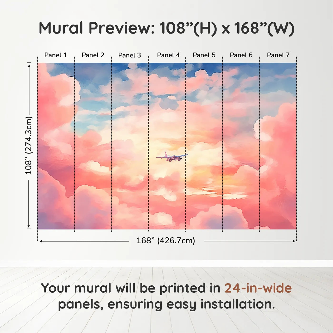 Whimsy Tots Anime Sunset Flight Wall Muraldimension view (108" H x 168" W). Printed in seven 24-inch-wide panels. Gender-Neutral