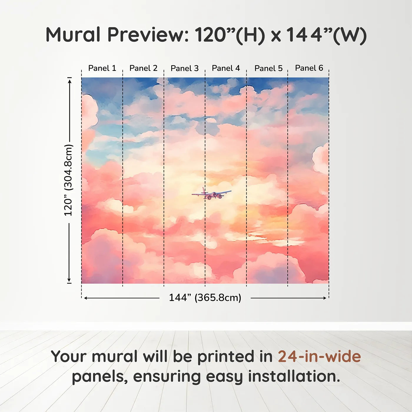 Whimsy Tots Anime Sunset Flight Wall Muraldimension view (120" H x 144" W). Printed in six 24-inch-wide panels. Gender-Neutral